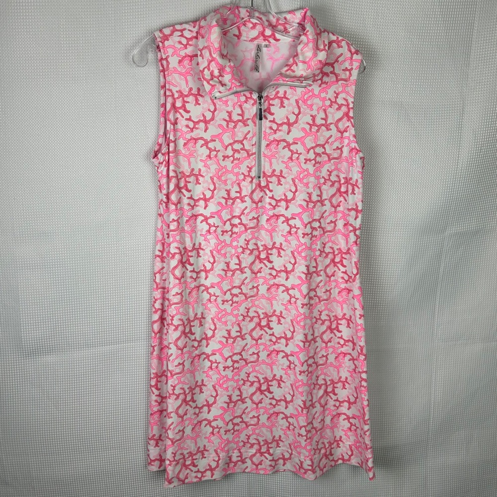 Lulu-B Womens Pink Coral Print Sleeveless Quarter Zip Golf Dress Large